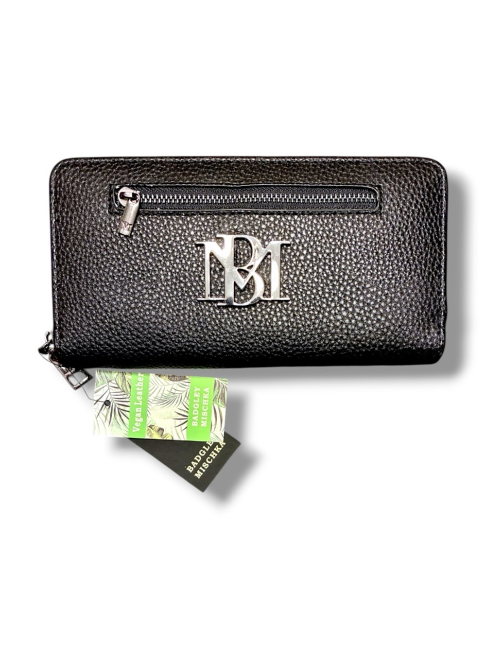 💼 Badgley Mischka Black Zip Around Wallet Vegan Leather Logo NWT